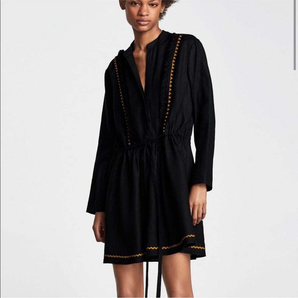 Zara Linen black/yellow tassel dress